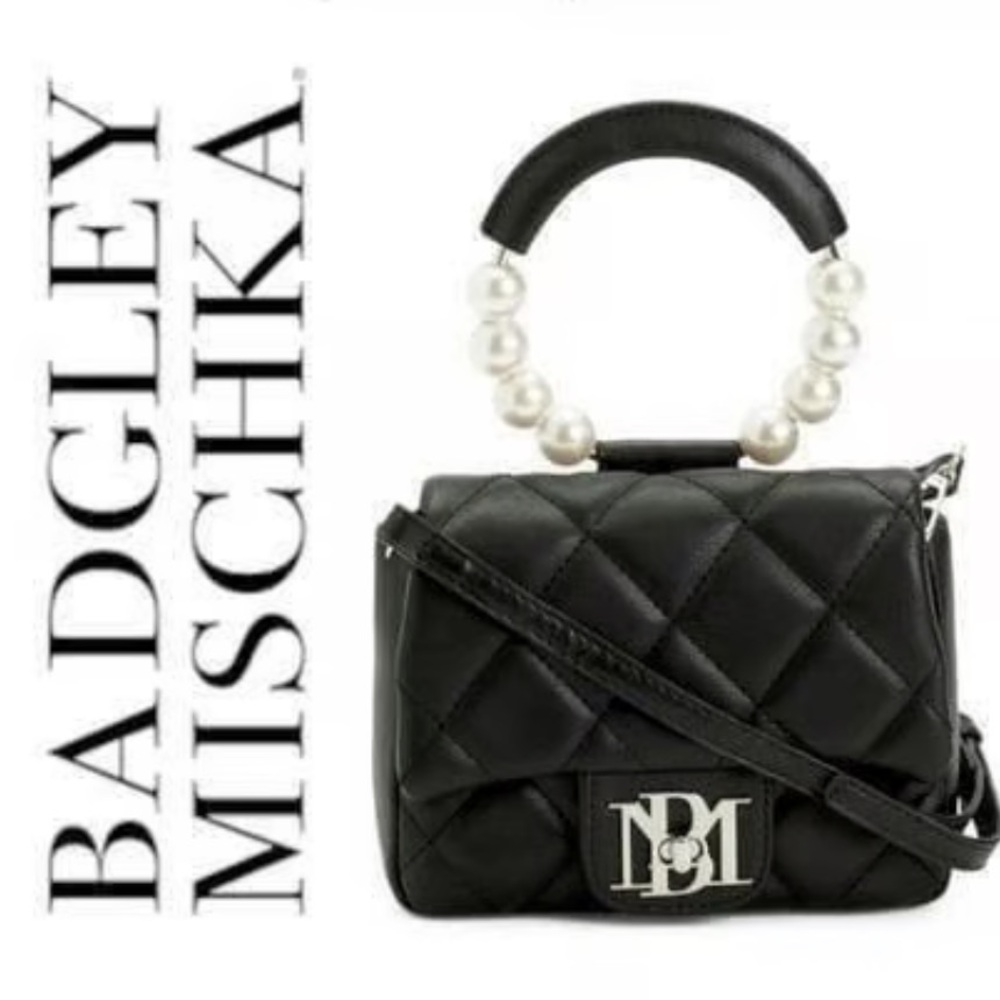 Badgley Mischka/Vegan Leather Clutch Bag Pearl Handle Black Crossbody Purse - Picture 3 of 9